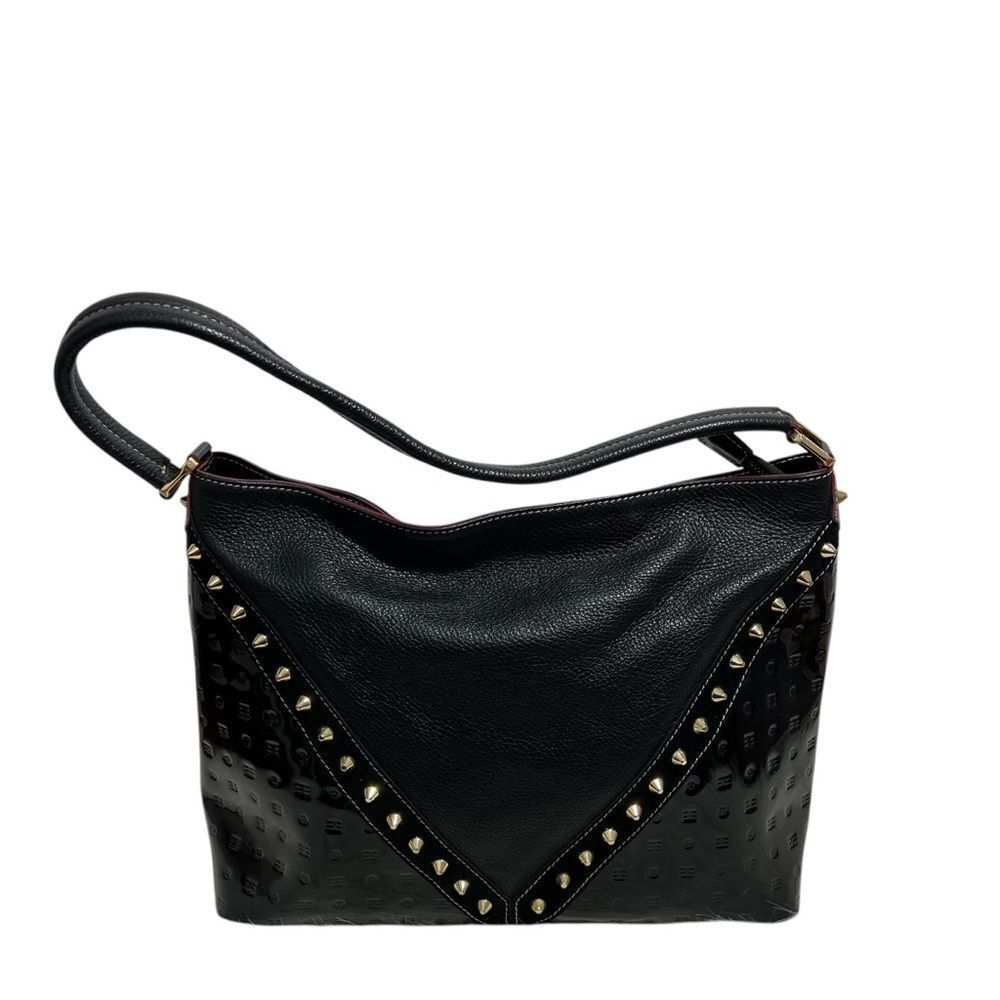 NWT Arcadia Made in Italy Black Patent‎ Leather Gold Studded Bag - Picture 2 of 15
